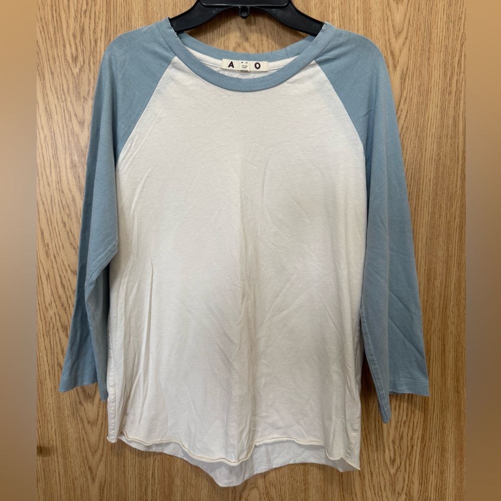 AMO Ivory Sky Blue Trim Cotton 3/4 Sleeve Tee